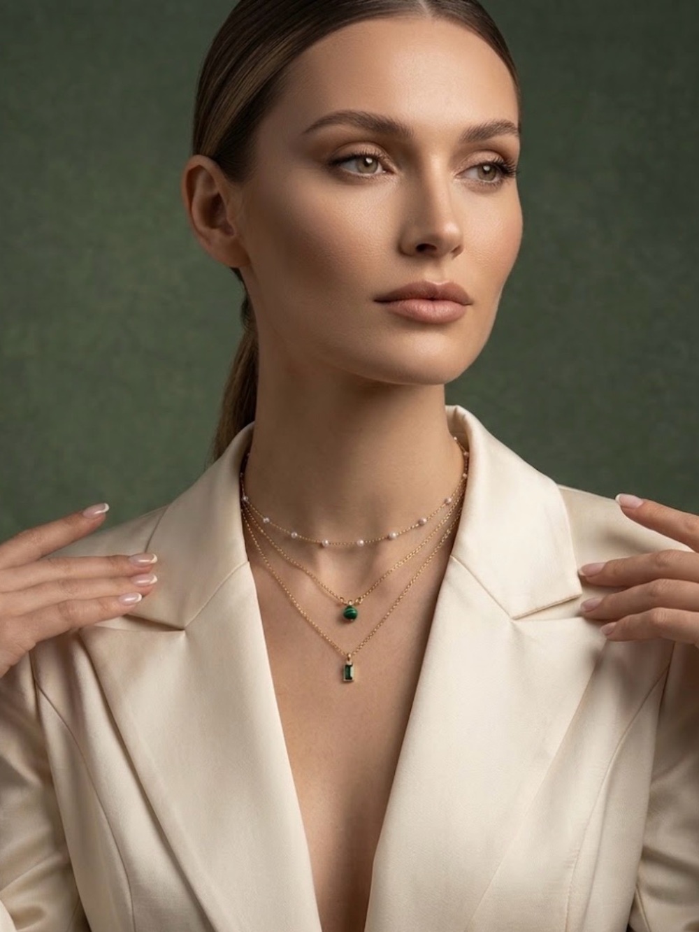 Elegant Layered Gold Necklace with Green Gemstone